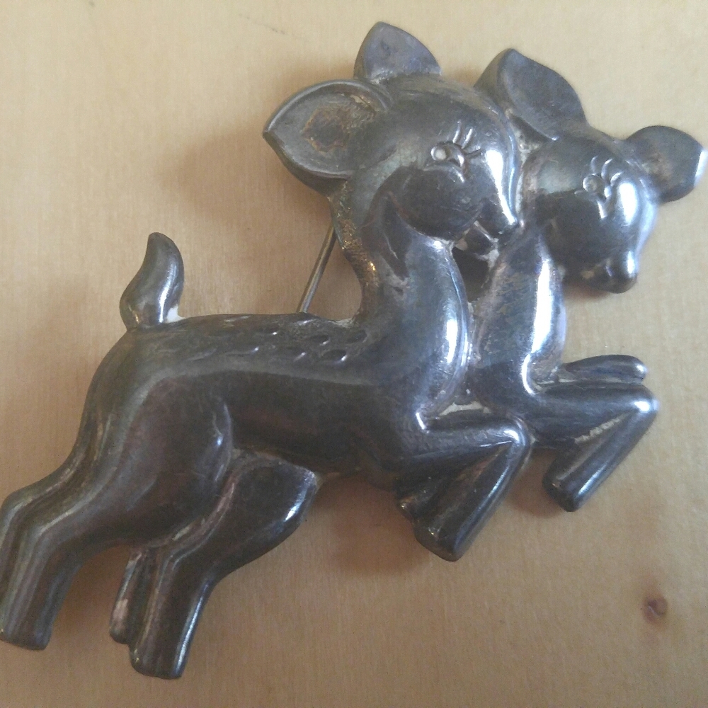 Vintage Cute Baby Deer Fawns Sterling Silver Pin - Picture 4 of 8